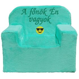   "A főnök Én vagyok" felirattal + smile-val hímzett gyermekfotel, alma zöld