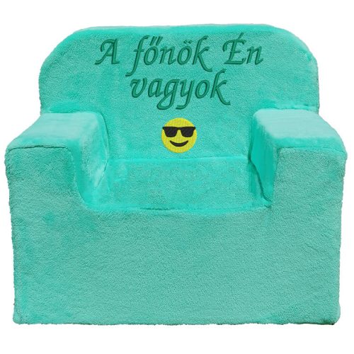 "A főnök Én vagyok" felirattal + smile-val hímzett gyermekfotel, alma zöld