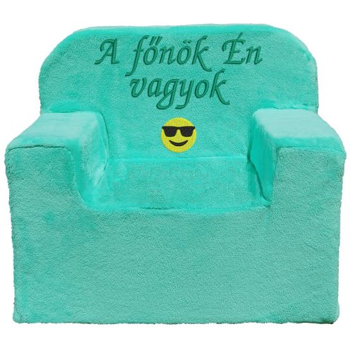 "A főnök Én vagyok" felirattal és smile-val hímzett gyermekfotel, alma zöld – egyedi hímzett gyerekfotel