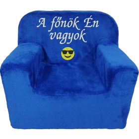   "A főnök Én vagyok" felirattal + smile-val hímzett gyermekfotel, királykék