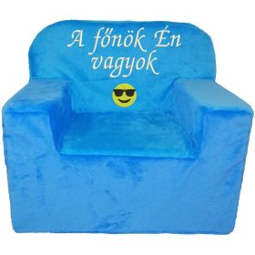   "A főnök Én vagyok" felirattal + smile-val hímzett gyermekfotel, türkizkék