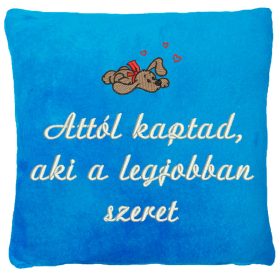   "Attól kaptad, aki a legjobban szeret" felirattal + hasaló kutyával hímzett párna, türkizkék