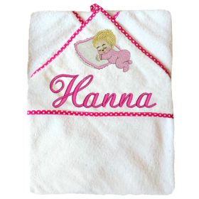   Hímzett babatörölköző bármilyen névvel, baba mintával, pink