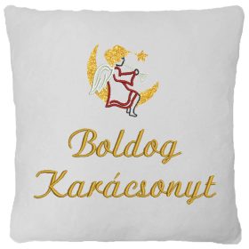 "Boldog karácsonyt" felirattal és angyalkával hímzett párna, fehér – karácsonyi hímzett ajándék párna