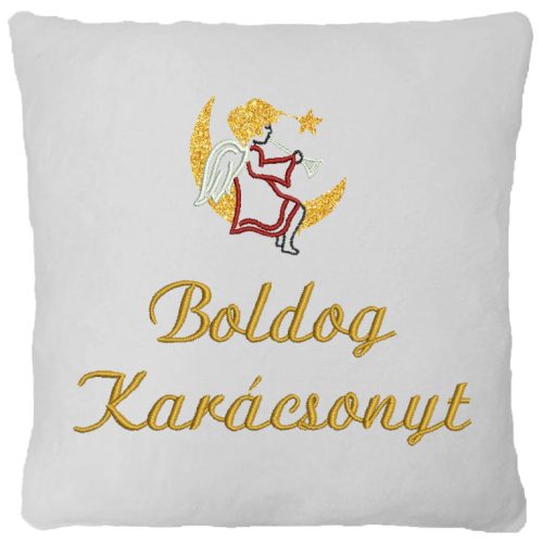 "Boldog karácsonyt" felirattal és angyalkával hímzett párna, fehér – karácsonyi hímzett ajándék párna
