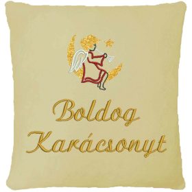 "Boldog karácsonyt" felirattal és angyalkával hímzett párna, krém – karácsonyi hímzett ajándék párna