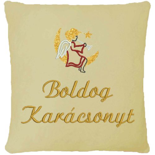 "Boldog karácsonyt" felirattal és angyalkával hímzett párna, krém – karácsonyi hímzett ajándék párna