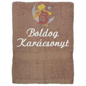 "Boldog karácsonyt" felirattal és angyalkával hímzett törölköző, mogyoró – karácsonyi hímzett ajándék törölköző