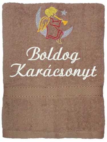 "Boldog karácsonyt" felirattal és angyalkával hímzett törölköző, mogyoró – karácsonyi hímzett ajándék törölköző