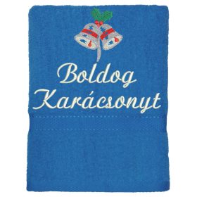 "Boldog karácsonyt" felirattal és haranggal hímzett törölköző, acélkék – karácsonyi hímzett törölköző