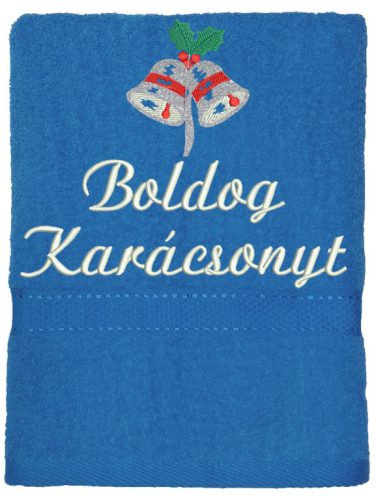 "Boldog karácsonyt" felirattal és haranggal hímzett törölköző, acélkék – karácsonyi hímzett törölköző