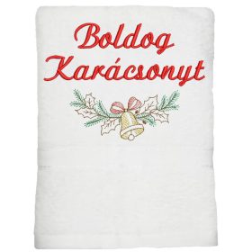 "Boldog karácsonyt" felirattal és csengős faággal hímzett törölköző, fehér – karácsonyi hímzett ajándék