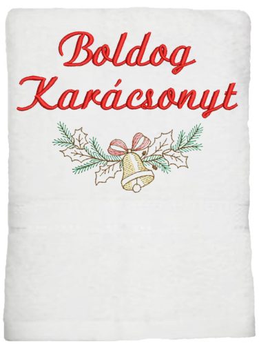 "Boldog karácsonyt" felirattal és csengős faággal hímzett törölköző, fehér – karácsonyi hímzett ajándék