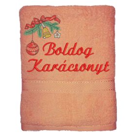 "Boldog karácsonyt" felirattal és gömbdísszel hímzett törölköző, barack – karácsonyi hímzett törölköző