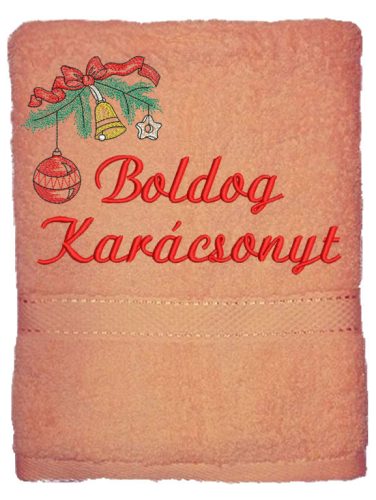 "Boldog karácsonyt" felirattal és gömbdísszel hímzett törölköző, barack – karácsonyi hímzett törölköző