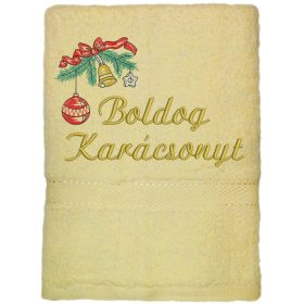 "Boldog karácsonyt" felirattal és gömbdísszel hímzett törölköző, krém – karácsonyi hímzett törölköző