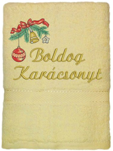 "Boldog karácsonyt" felirattal és gömbdísszel hímzett törölköző, krém – karácsonyi hímzett törölköző