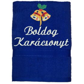 "Boldog karácsonyt" felirattal és haranggal hímzett törölköző, királykék – karácsonyi hímzett törölköző