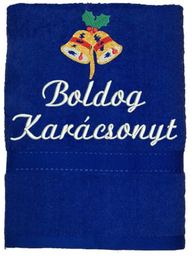 "Boldog karácsonyt" felirattal és haranggal hímzett törölköző, királykék – karácsonyi hímzett törölköző