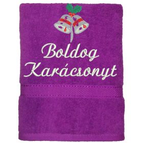 "Boldog karácsonyt" felirattal és haranggal hímzett törölköző, lila – karácsonyi hímzett törölköző
