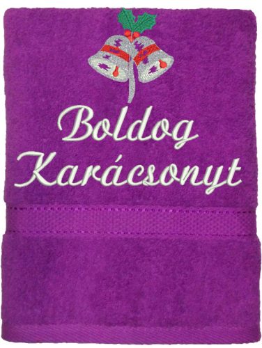 "Boldog karácsonyt" felirattal és haranggal hímzett törölköző, lila – karácsonyi hímzett törölköző