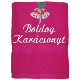 "Boldog karácsonyt" felirattal és haranggal hímzett törölköző, pink – karácsonyi hímzett törölköző