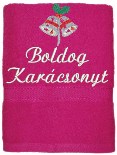 "Boldog karácsonyt" felirattal és haranggal hímzett törölköző, pink – karácsonyi hímzett törölköző