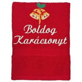 "Boldog karácsonyt" felirattal és haranggal hímzett törölköző, piros – karácsonyi hímzett törölköző ajándék