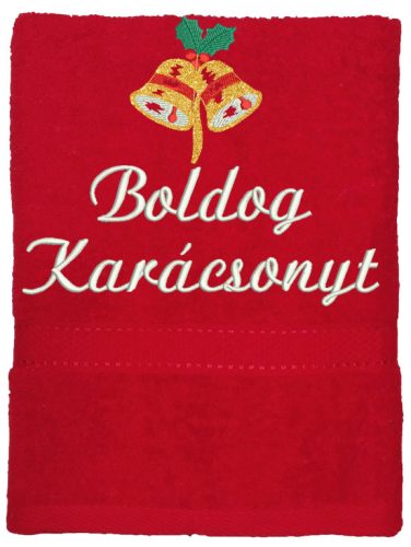 "Boldog karácsonyt" felirattal és haranggal hímzett törölköző, piros – karácsonyi hímzett törölköző ajándék