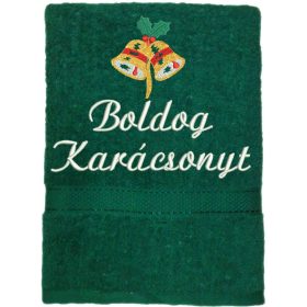 "Boldog karácsonyt" felirattal és haranggal hímzett törölköző, sötét zöld – karácsonyi hímzett törölköző ajándék
