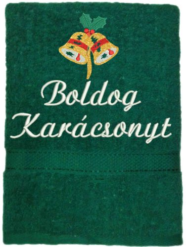 "Boldog karácsonyt" felirattal és haranggal hímzett törölköző, sötét zöld – karácsonyi hímzett törölköző ajándék