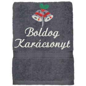 "Boldog karácsonyt" felirattal és haranggal hímzett törölköző, szürke – karácsonyi hímzett törölköző ajándék