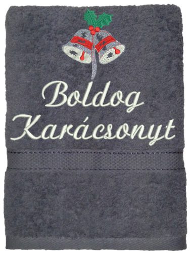 "Boldog karácsonyt" felirattal és haranggal hímzett törölköző, szürke – karácsonyi hímzett törölköző ajándék