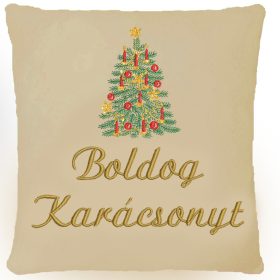 "Boldog karácsonyt" felirattal és karácsonyfával hímzett párna, krém – karácsonyi hímzett párna ajándék