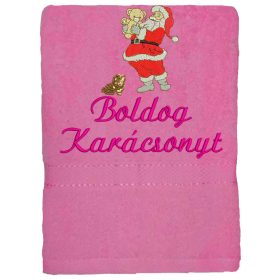 "Boldog karácsonyt" felirattal és mikulással hímzett törölköző, rózsaszín – karácsonyi hímzett törölköző ajándék