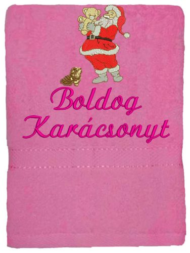 "Boldog karácsonyt" felirattal és mikulással hímzett törölköző, rózsaszín – karácsonyi hímzett törölköző ajándék
