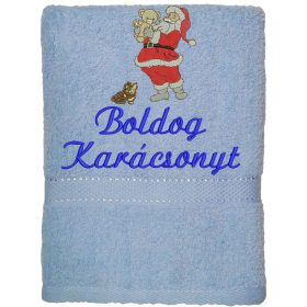 "Boldog karácsonyt" felirattal és mikulással hímzett törölköző, világoskék – karácsonyi hímzett törölköző ajándék