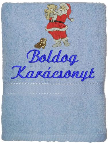 "Boldog karácsonyt" felirattal és mikulással hímzett törölköző, világoskék – karácsonyi hímzett törölköző ajándék