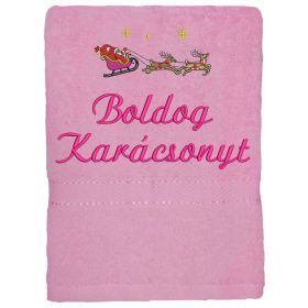 "Boldog karácsonyt" felirattal és rénszarvassal hímzett törölköző, rózsaszín – karácsonyi hímzett törölköző ajándék