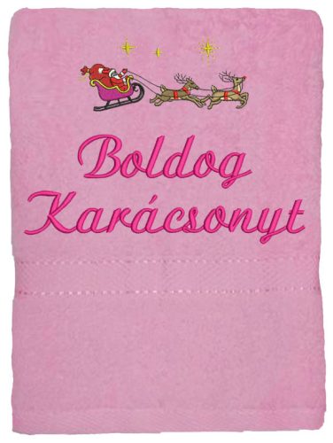 "Boldog karácsonyt" felirattal és rénszarvassal hímzett törölköző, rózsaszín – karácsonyi hímzett törölköző ajándék
