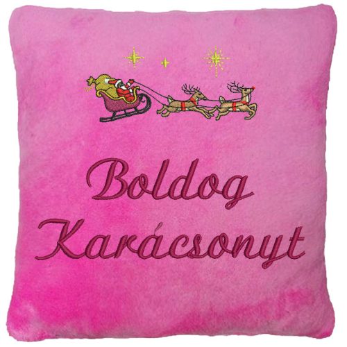 "Boldog karácsonyt" felirattal és rénszarvassal hímzett párna, rózsaszín – karácsonyi hímzett párna ajándék
