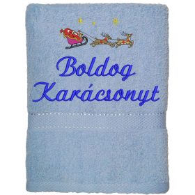 "Boldog karácsonyt" felirattal és rénszarvassal hímzett törölköző, világoskék – karácsonyi hímzett törölköző ajándék