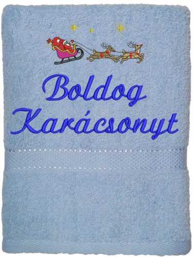 "Boldog karácsonyt" felirattal és rénszarvassal hímzett törölköző, világoskék – karácsonyi hímzett törölköző ajándék