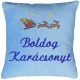 "Boldog karácsonyt" felirattal + rénszarvassal hímzett párna, világoskék