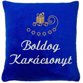 "Boldog karácsonyt" felirattal és szánkóval hímzett párna, királykék – karácsonyi hímzett párna ajándék
