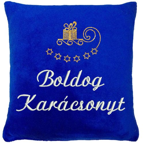 "Boldog karácsonyt" felirattal és szánkóval hímzett párna, királykék – karácsonyi hímzett párna ajándék