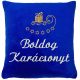 "Boldog karácsonyt" felirattal és szánkóval hímzett párna, királykék – karácsonyi hímzett párna ajándék