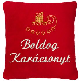 "Boldog karácsonyt" felirattal és szánkóval hímzett párna, piros – karácsonyi hímzett párna ajándék