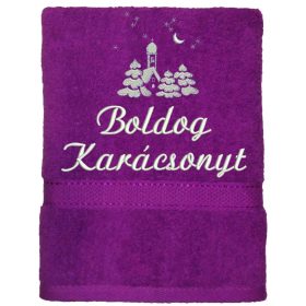 "Boldog karácsonyt" felirattal és templommal hímzett törölköző, lila – karácsonyi hímzett törölköző ajándék