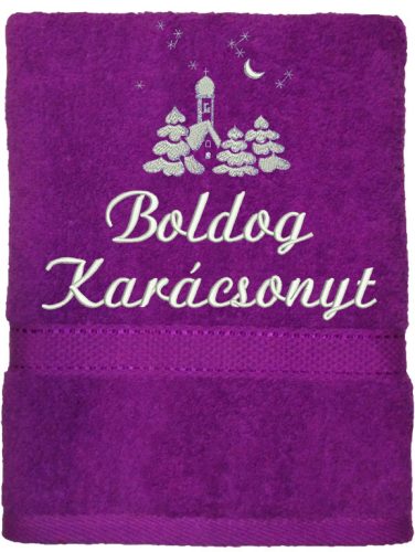 "Boldog karácsonyt" felirattal és templommal hímzett törölköző, lila – karácsonyi hímzett törölköző ajándék